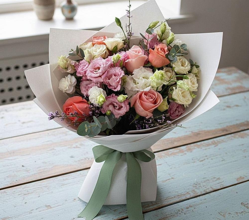 Букет цветов из: Розы, Лизиантусы и Гвоздики в Кузнецах