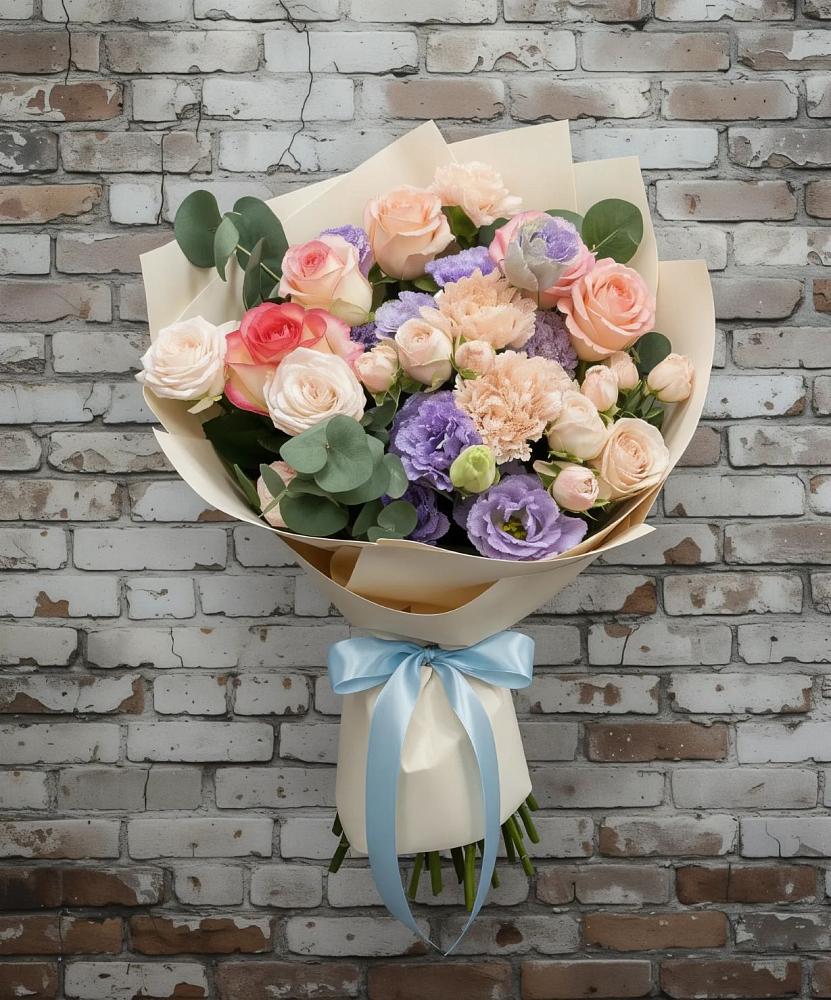 Букет цветов из: Розы, Лизиантусы и Гвоздики в Кузнецах