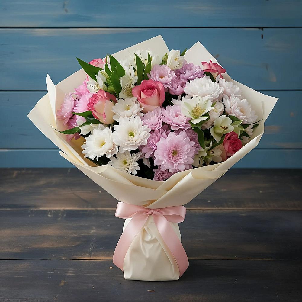 Букет цветов из: Хризантемы, Альстромерии и Розы в Кузнецах